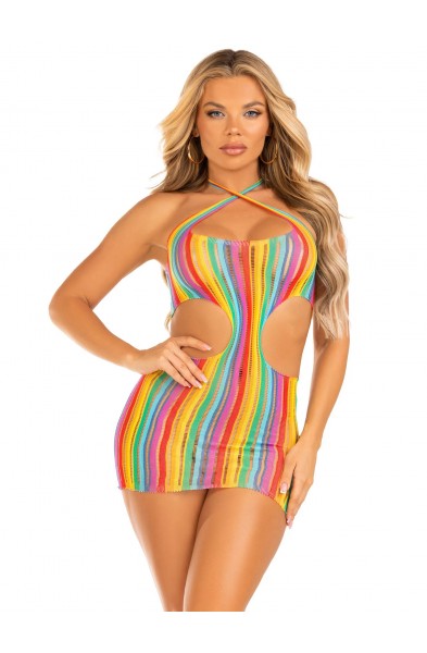 Rainbow Stripe Cross Over Mini Dress - One Size - Multicolor