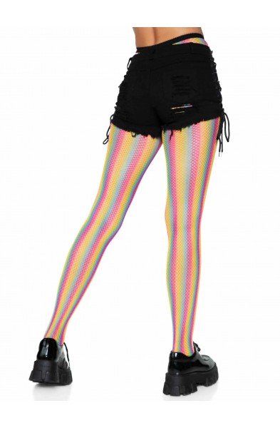 Neon Rainbow Striped Fishnet Tights - One Size -  Multicolor