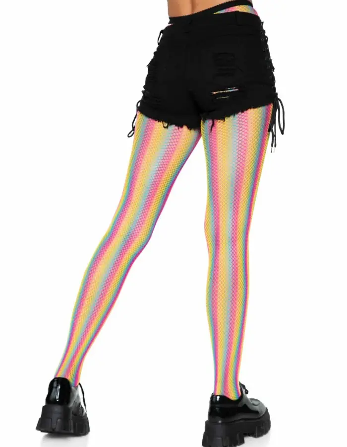 Neon Rainbow Striped Fishnet Tights - One Size - Multicolor