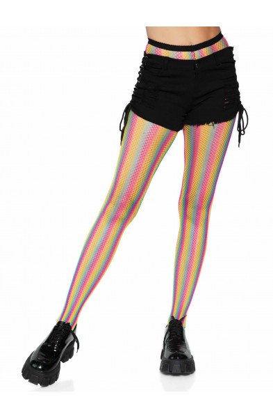 Neon Rainbow Striped Fishnet Tights - One Size -  Multicolor