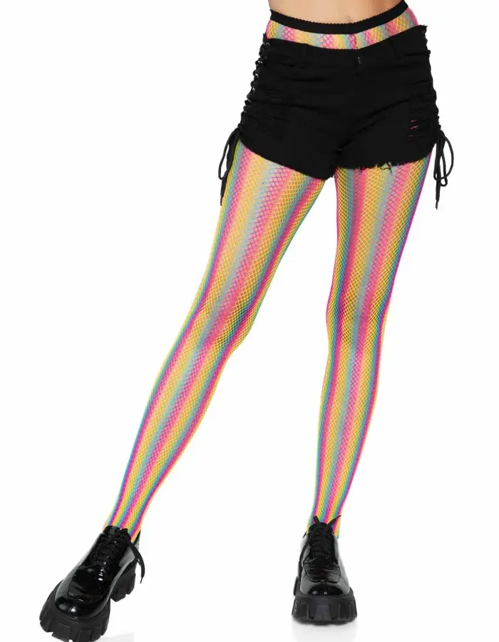 Neon Rainbow Striped Fishnet Tights - One Size - Multicolor