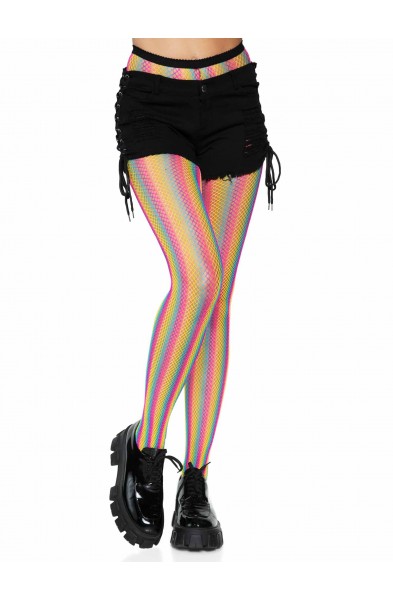 Neon Rainbow Striped Fishnet Tights - One Size -  Multicolor