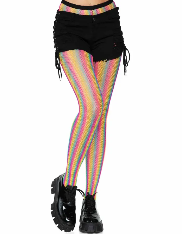 Neon Rainbow Striped Fishnet Tights - One Size - Multicolor