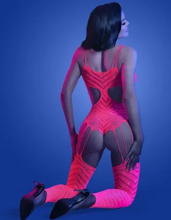Wavelength Cutout Rhinestone Teddy Bodystocking - One Size - Neon Pink