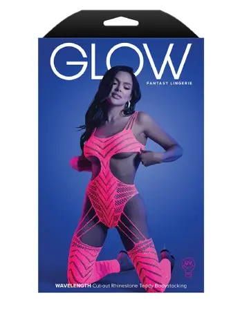 Wavelength Cutout Rhinestone Teddy Bodystocking - One Size - Neon Pink