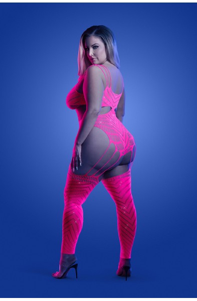 Wavelength Cutout Rhinestone Teddy Bodystocking -  Queen - Neon Pink