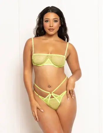 2 Pc Fishnet and Strappy Elastic Bra and Thong Set - One Size - Lime