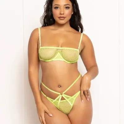 2 Pc Fishnet and Strappy Elastic Bra and Thong Set - One Size - Lime