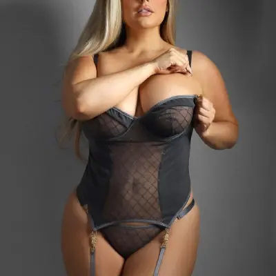 Gartered Bustier and G-String Panty - Queen Size - Gray