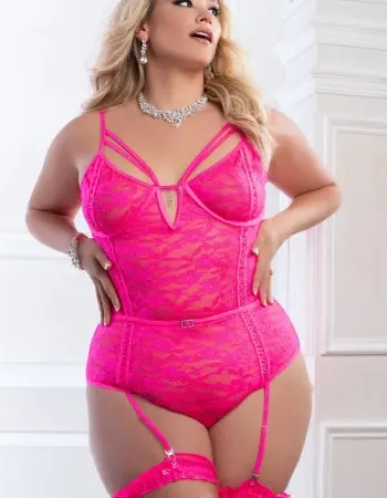 2 Pc Sheer Lace Teddy With Snap Crotch and Garters - Queen - Glossy Pink