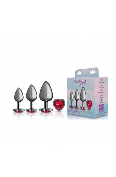 Presale Only - Cheeky Charms - Metal Butt Plug  Gunmetal - Heart Dark Red - Anal Trainer Kit