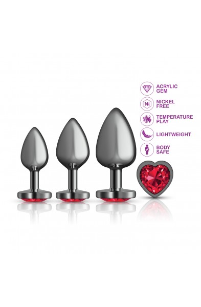 Presale Only - Cheeky Charms - Metal Butt Plug  Gunmetal - Heart Dark Red - Anal Trainer Kit