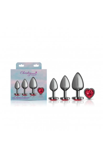 Presale Only - Cheeky Charms - Metal Butt Plug  Gunmetal - Heart Dark Red - Anal Trainer Kit