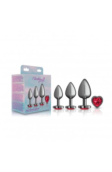 Presale Only - Cheeky Charms - Metal Butt Plug  Gunmetal - Heart Dark Red - Anal Trainer Kit