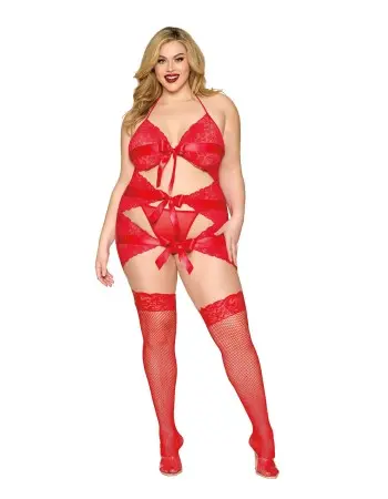 Garter Slip and G-String Dmnd - One Size Queen - Red