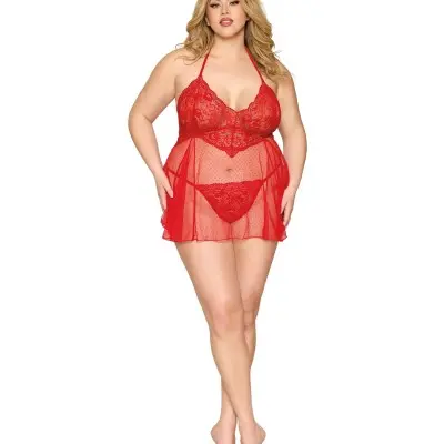 Babydoll and G-String Dmnd - One Size Queen -  Red