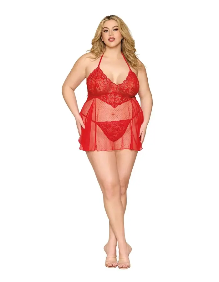 Babydoll and G-String Dmnd - One Size Queen -  Red