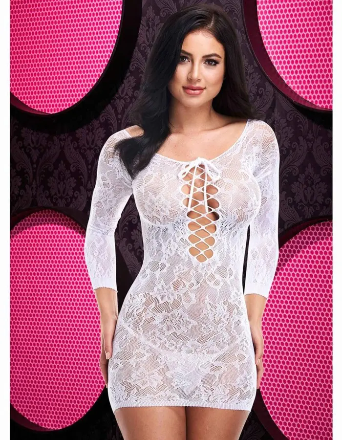 Lace Off the Shoulder Mini Dress - One Size -White