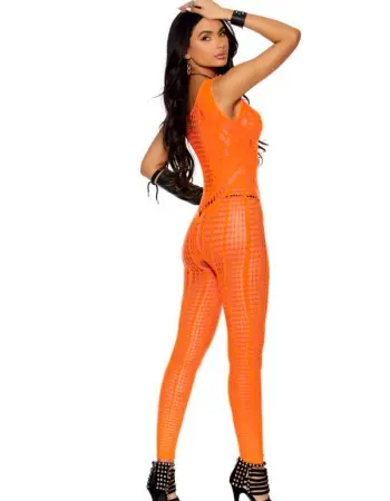 Crochet Footless Bodystocking With Open Crotch - One Size - Orange
