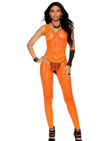 Crochet Footless Bodystocking With Open Crotch - One Size - Orange