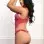 3pc Garter Top Bra With Ruffled Thong - and Stockings - One Size - Strawberry Lipstick