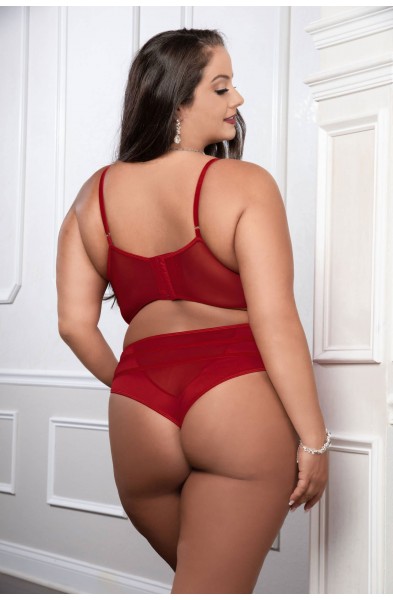 Red 2pc Satin Bra and High Waist Panty - Queen Size