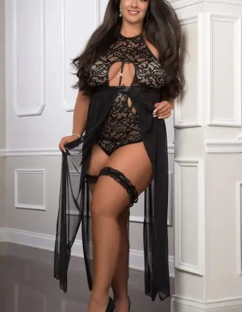 Black 2pc Flyaway Slitted Long Dress Teddy With - Snap Crotch and Laced Garters - Queen Size