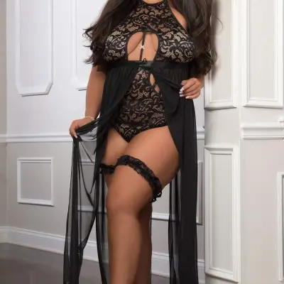 Black 2pc Flyaway Slitted Long Dress Teddy With - Snap Crotch and Laced Garters - Queen Size