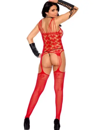Heart Net Suspender Bodystocking - One Size - Red