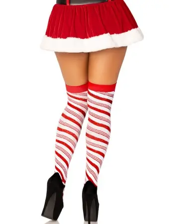 Candy Cane Lurex Striped Socks - Over the Knee - Os - White/red