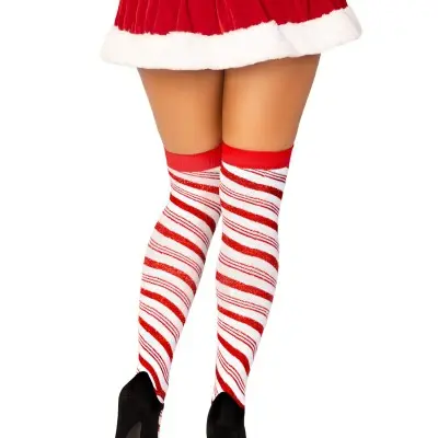 Candy Cane Lurex Striped Socks - Over the Knee - Os - White/red