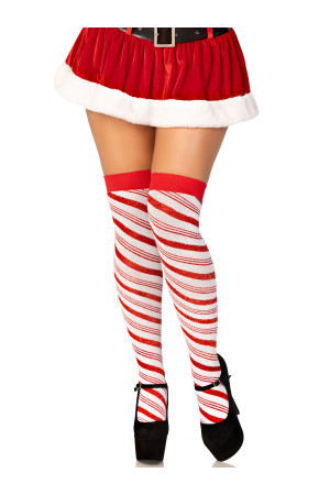 Candy Cane Lurex Striped Socks - Over the Knee - Os - White/red