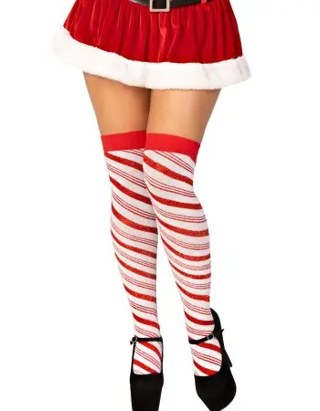 Candy Cane Lurex Striped Socks - Over the Knee - Os - White/red