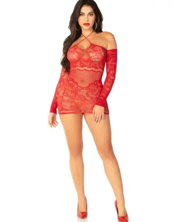 Red Seamless Lace and Net Mini Dress - Dress With Twist Halter Strap - Os