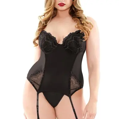 Embroidered Bustier and  G-String - 1x-2x - Black
