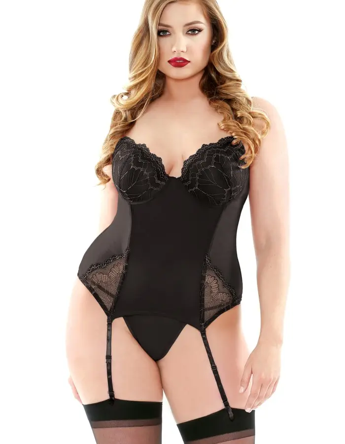 Embroidered Bustier and  G-String - 1x-2x - Black