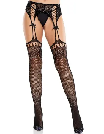 Black Rhinestone Lace Top Fishnet Stockings With - Gartner Belt - Os