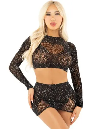 Black 2pc Rhinestone Lace and Net Crop Top with - Heart Keyhole Mini Skirt - Os