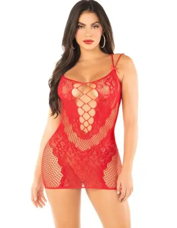 Red Lace and Net Mini Dress - With Dual Strap Detail - Os