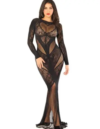 Black Lace and Net Body Con Gown - With Heart Keyhole Detail - Os