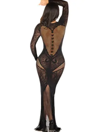 Black Lace and Net Body Con Gown - With Heart Keyhole Detail - Os