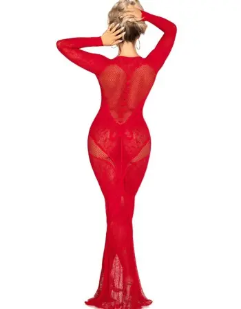 Red Lace and Net Body Con Gown - With Heart Keyhole Detail - Os