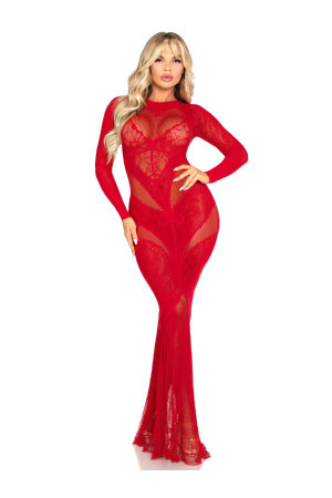 Red Lace and Net Body Con Gown -  With Heart Keyhole Detail - Os