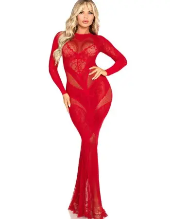 Red Lace and Net Body Con Gown - With Heart Keyhole Detail - Os