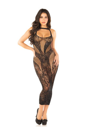 Seamless Rhinestone Lace and Net Body Con Dress -  Os - Black