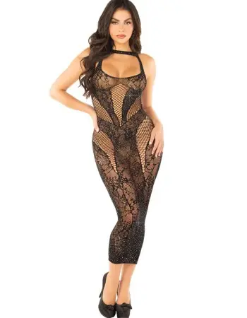 Seamless Rhinestone Lace and Net Body Con Dress - Os - Black