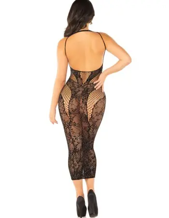 Seamless Rhinestone Lace and Net Body Con Dress - Os - Black