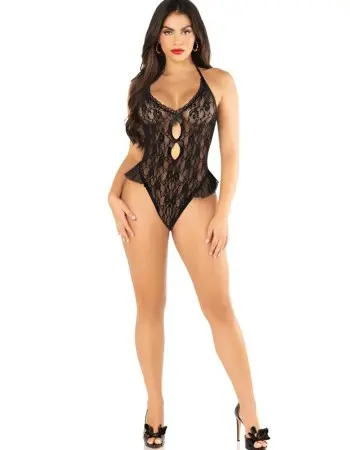 Black Floral Lace Halter Bodysuit with Mini Bow - and Flutter Accent - Os