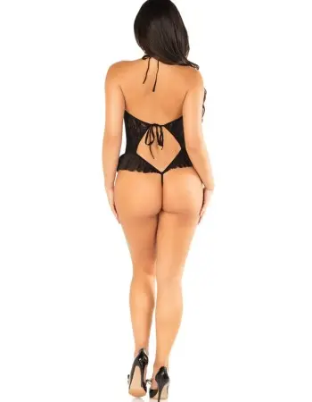 Black Floral Lace Halter Bodysuit with Mini Bow - and Flutter Accent - Os