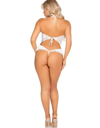 White Floral Lace Halter Bodysuit with Mini Bow - and Flutter Accent - Os